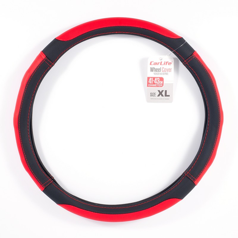 Чохол на кермо екошкіра чорний з червоними вставками перфорація Carlife (SW125XL)