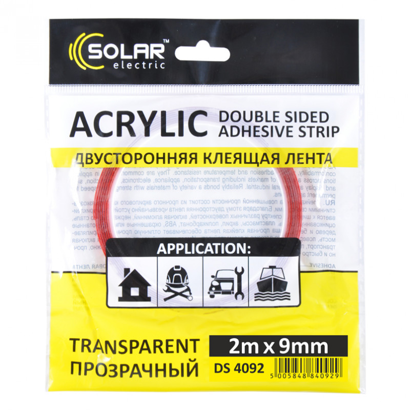 Скотч двосторонній прозорий Acrylic Solar (VHB) 9ммx2м (DS4092)