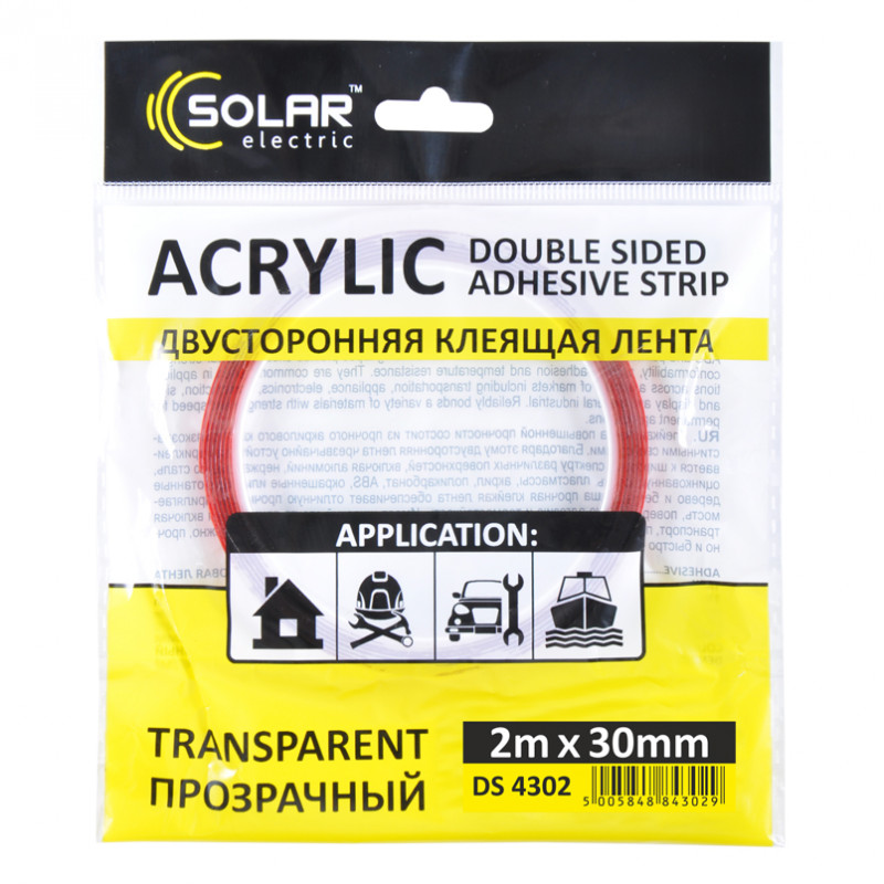 Скотч двосторонній прозорий Acrylic Solar (VHB) 30ммx2м (DS4302)
