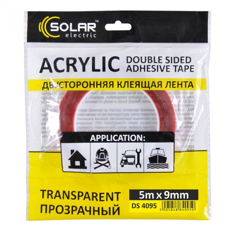 Скотч двосторонній прозорий Acrylic Solar (VHB) 9ммx5м (DS4095)