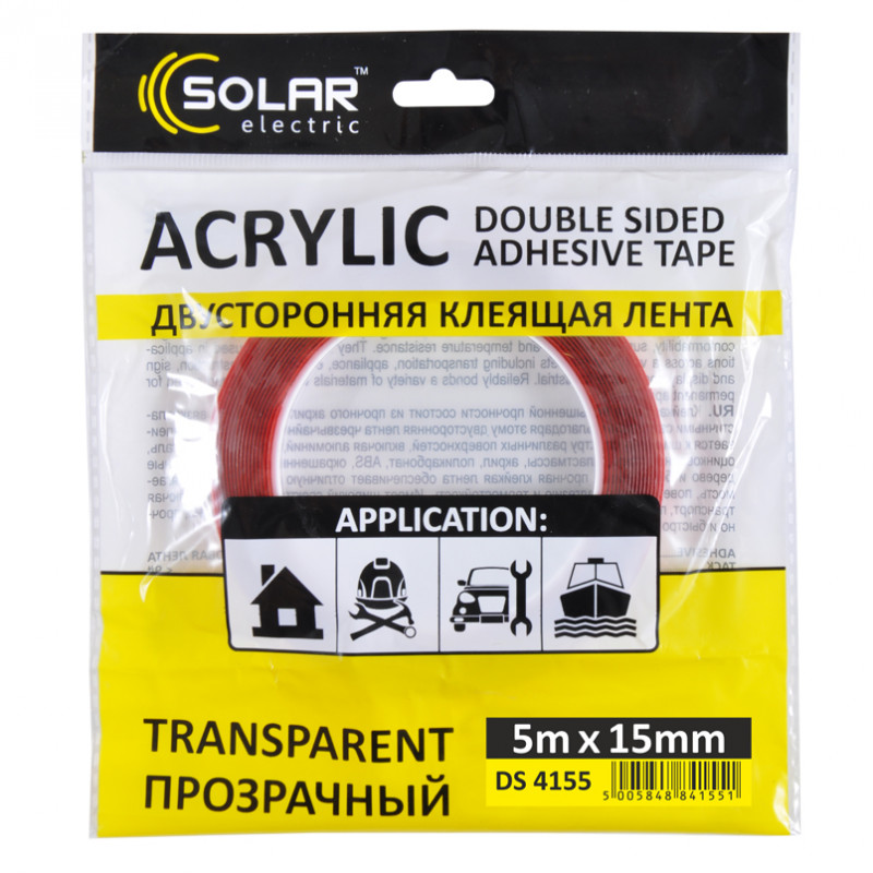 Скотч двосторонній прозорий Acrylic Solar (VHB) 15ммx5м (DS4155)