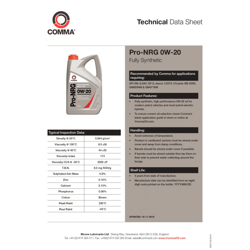 Моторное масло Comma PRO-NRG 0W-20 API SN 1л (NRG1L)