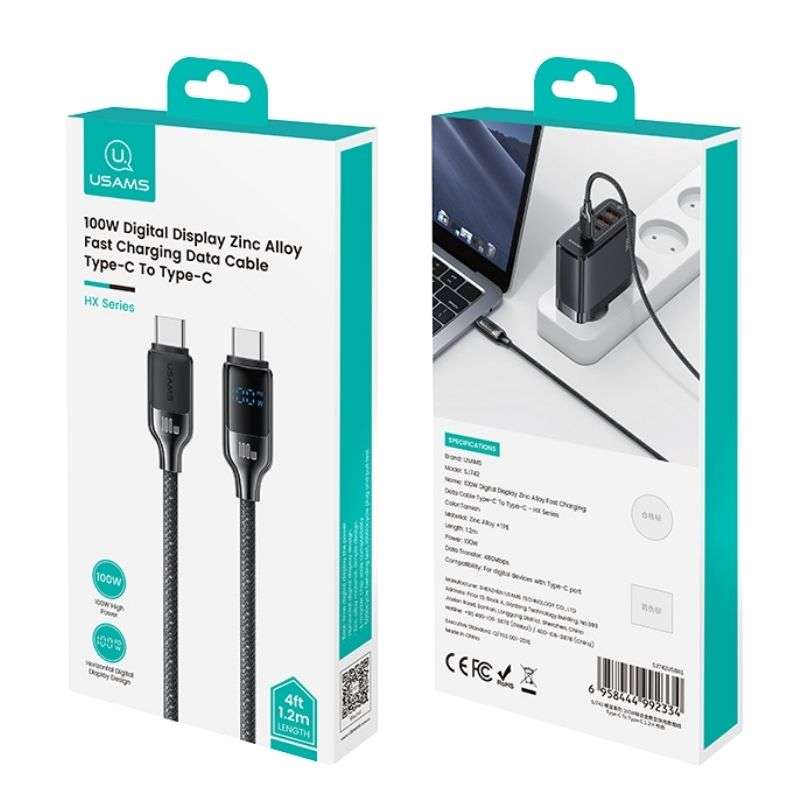 Кабель Usams Type-C To Type-C 1.2M 100W з дисплеєм для швидкої зарядки (SJ742USB02)