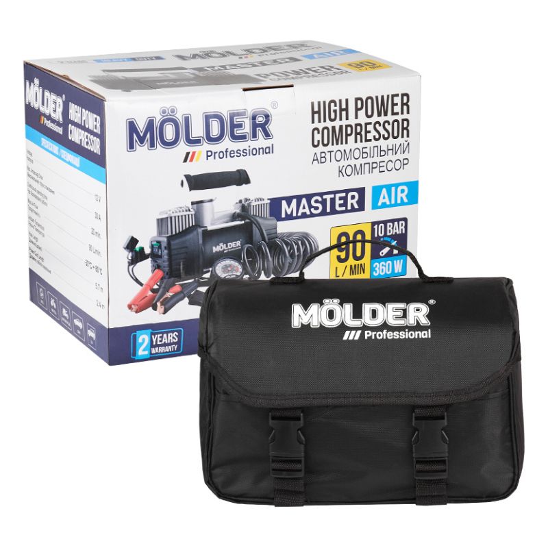 Автомобильный компрессор двухпоршневой MOLDER с витым шлангом для накачки шин R13-R21 10Атм 90 л/мин 360 Вт (MA25200)
