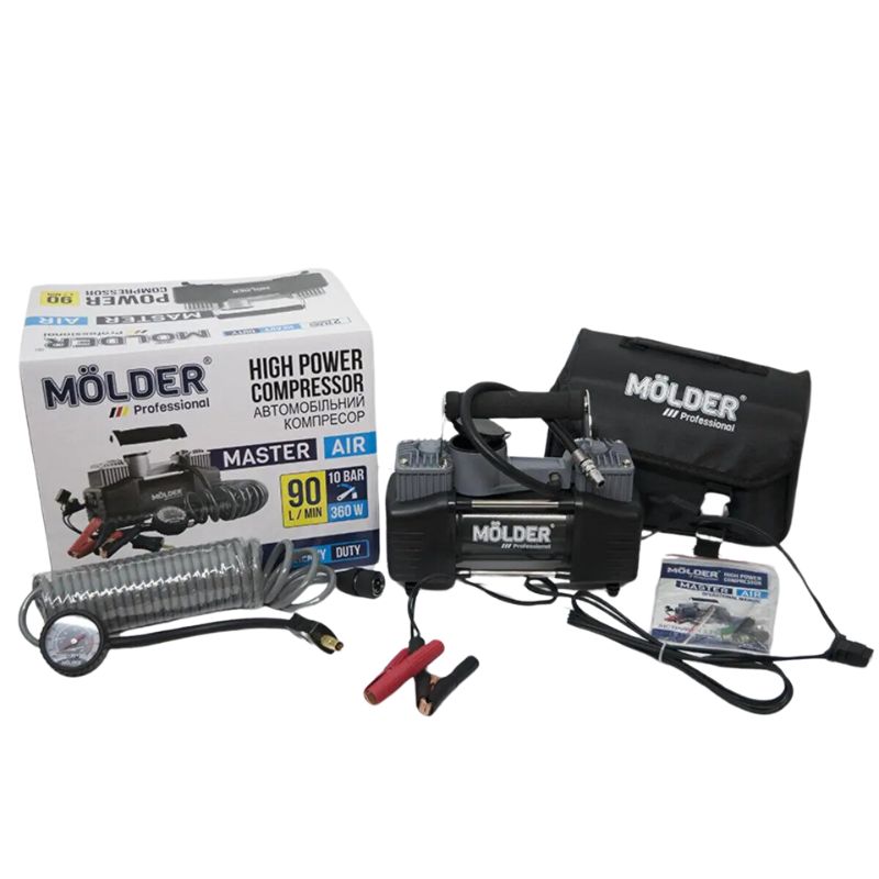 Автомобильный компрессор двухпоршневой MOLDER с витым шлангом для накачки шин R13-R21 10Атм 90 л/мин 360 Вт (MA25200)