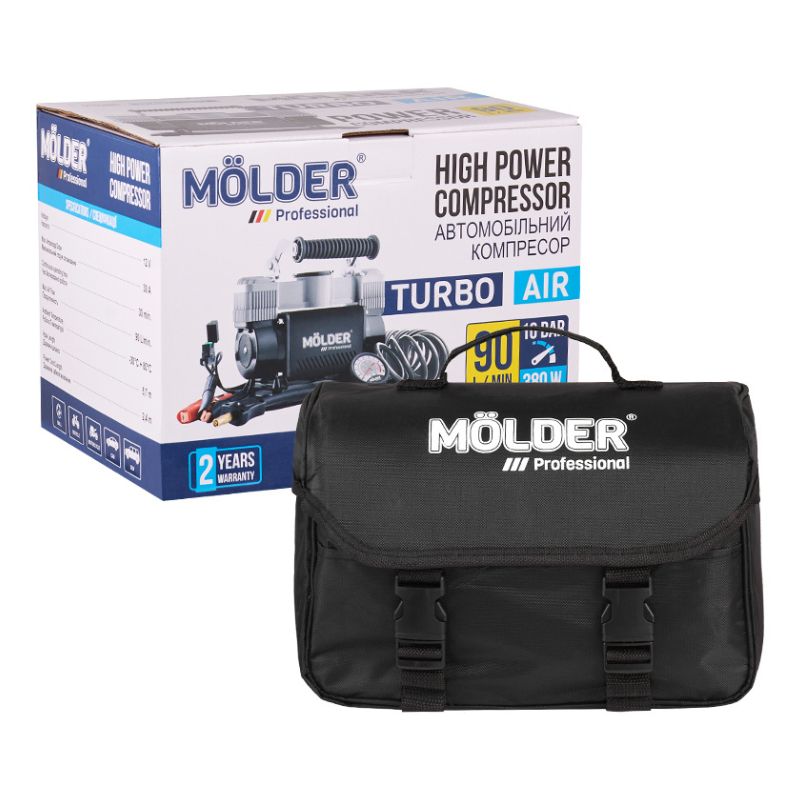 Автомобільний компресор двопоршневий MOLDER з крученим шлангом 10Атм 90 л/хв 380Вт (MA25300)