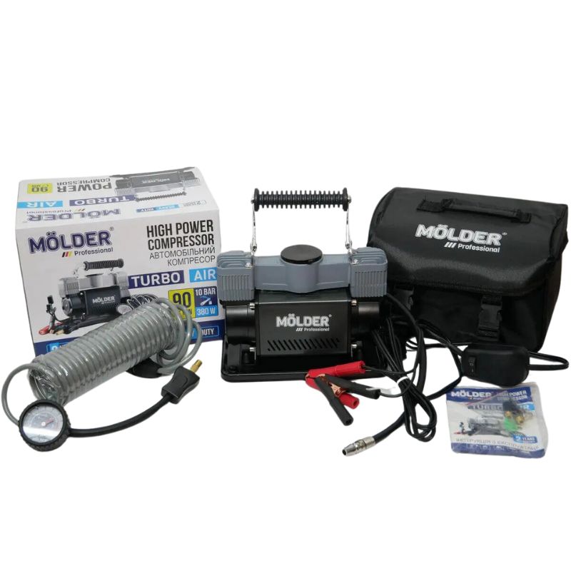 Автомобільний компресор двопоршневий MOLDER з крученим шлангом 10Атм 90 л/хв 380Вт (MA25300)