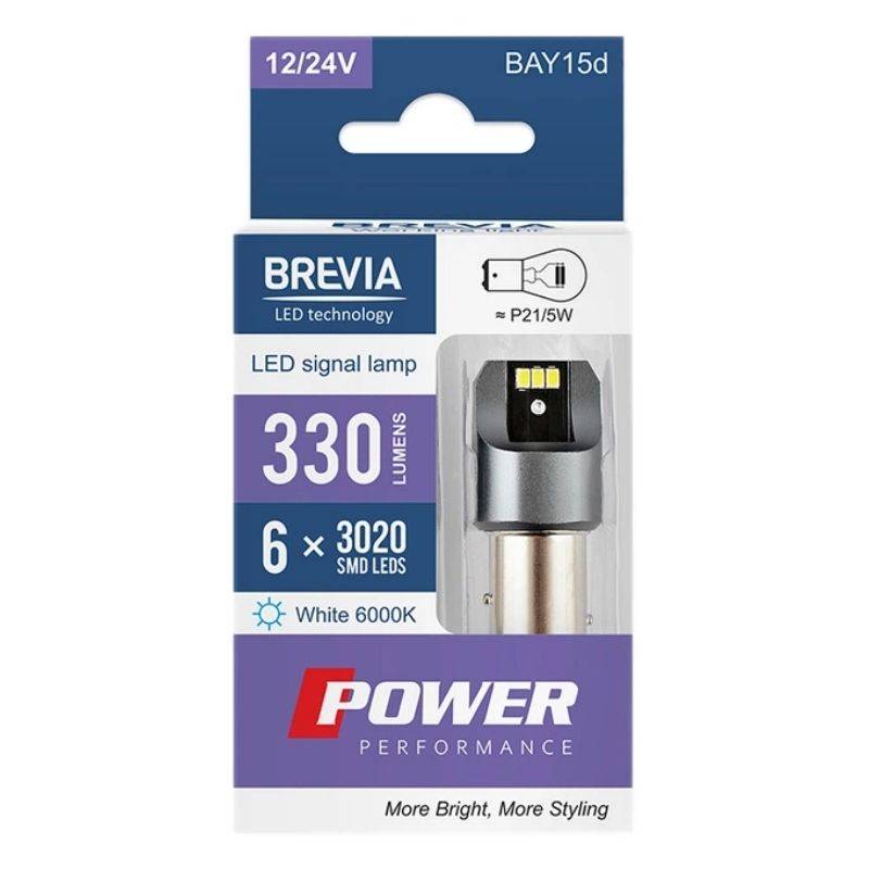 Світлодіодні лампи 330лм 6x3020smd 12/24в canbus brevia power p21/5w (10103X2)