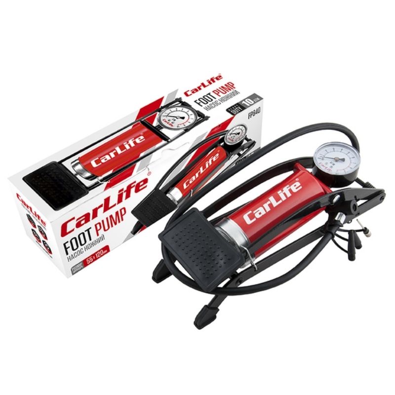 Насос ножний автомобільний 10 Атм CARLIFE однопоршневий з манометром (FP840)