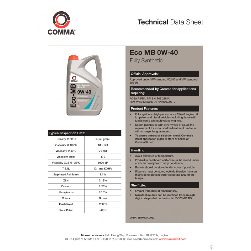 Моторна олива Comma ECO-MB 0W-40 API SN, ACEA A3/B4 5л (ECOMB5L)