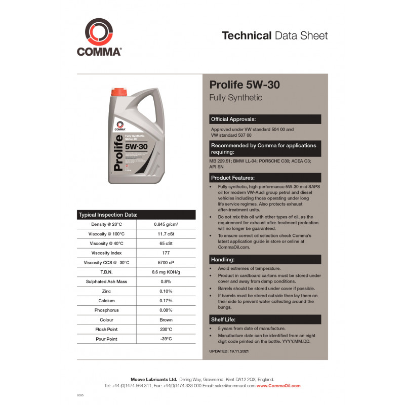 Моторное масло Comma PROLIFE 5W-30 ACEA C3 199л (PRO199L)