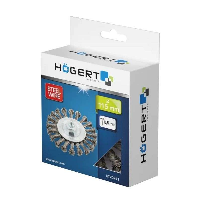 Щітка дискова по металу і дереву 115мм 12500об/хв Hogert кручена сталева для болгарки (HT7D741)