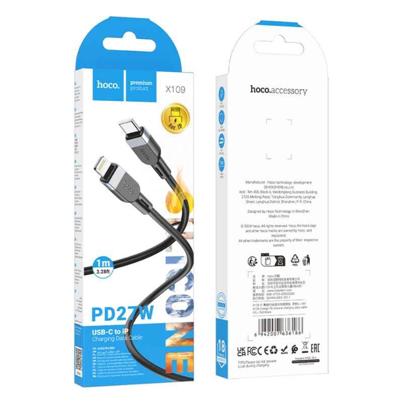 Кабель для зарядки та синхронізації Lightning 1м 27W Hoco X109 чорний (X109-t/i black)