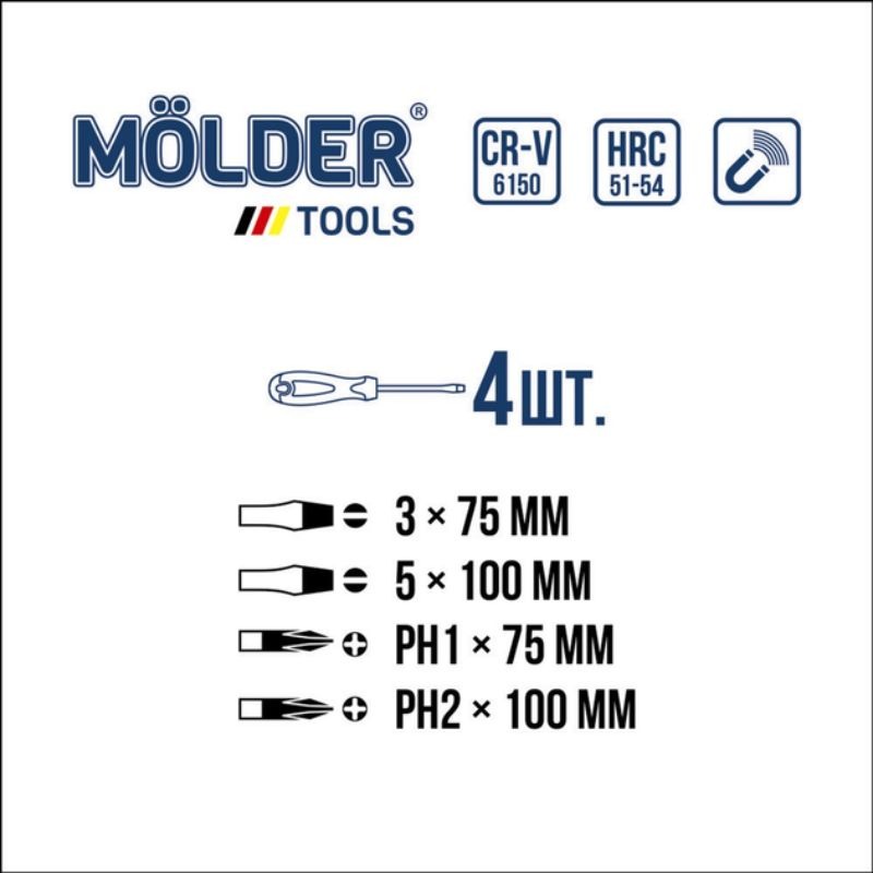 Набор отверток 4шт CrV 6150 Molder магнитный наконечник PH SL (MT32204)