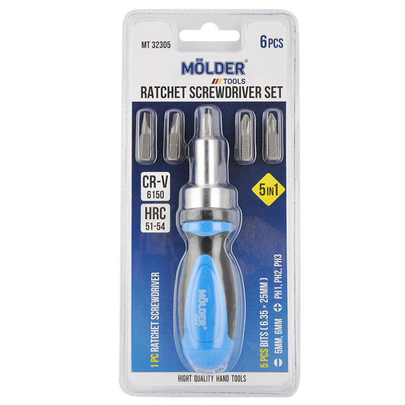 Отвертка реверсивная с битами 6шт 25мм Molder CrV PH SL (MT32305)