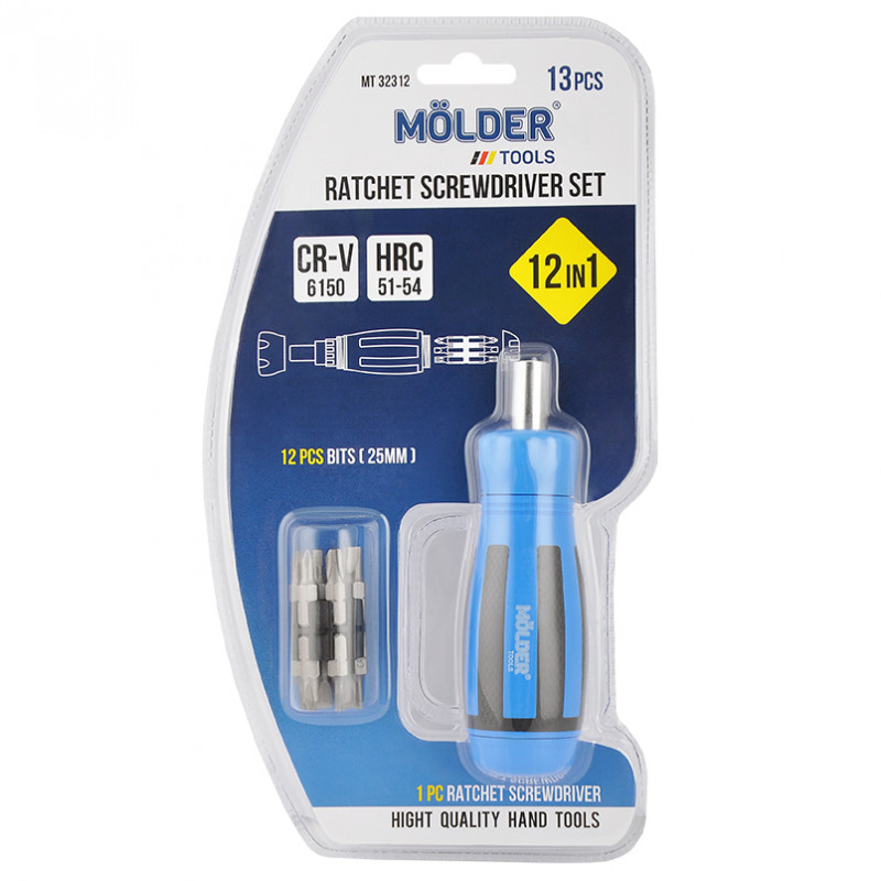 Викрутка реверсивна з бітами 13шт Molder CrV з магнітним захватом PH Torx Hex (MT32312)