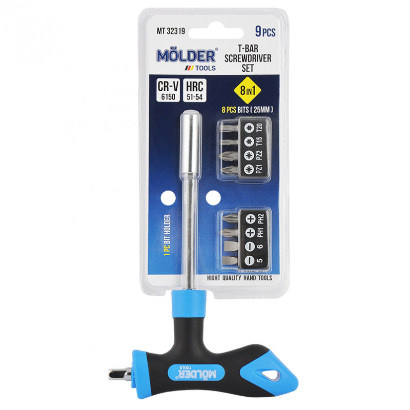 Викрутка Т-подібна з бітами 9шт Molder CrV з магнітним захватом PH PZ SL Torx (MT32319)