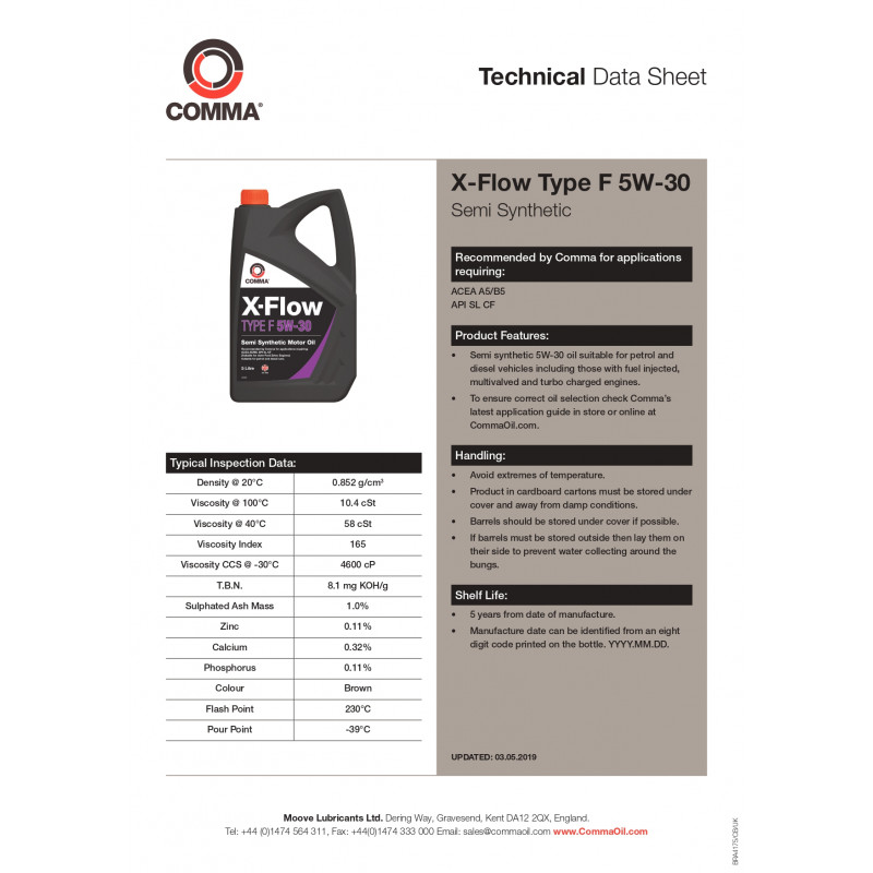 Моторна олива Comma X-FLOW TYPE F 5W-30 API SL/CF; ACEA A5/B5 4л (XFF4L)