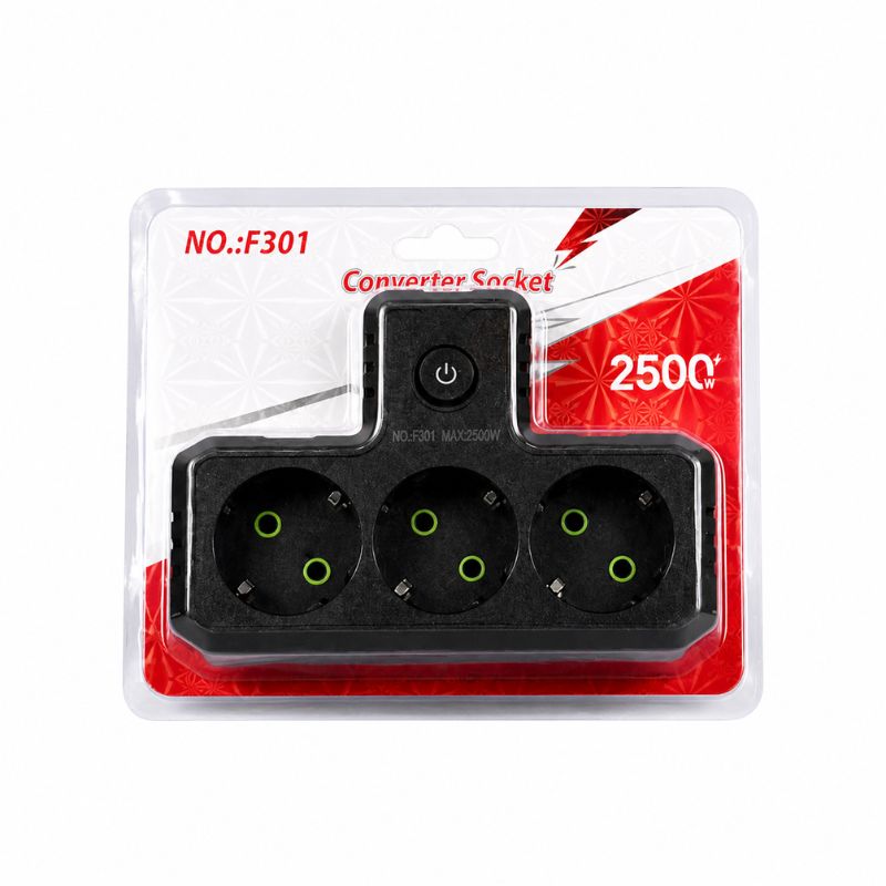 Мережевий трійник із заземленням F301 на 3 розетки 2500W, 10A (Чорний)