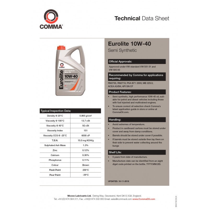 Моторна олива Comma EUROLITE 10W-40 API SN, CF; ACEA A3/B4 20л (EUL20L)
