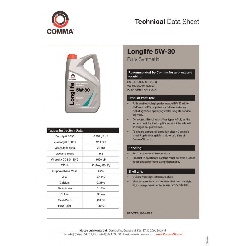 Моторна олива Comma LONG LIFE 5W-30 API SL, CF; ACEA A3/B4 1л (GML1L)