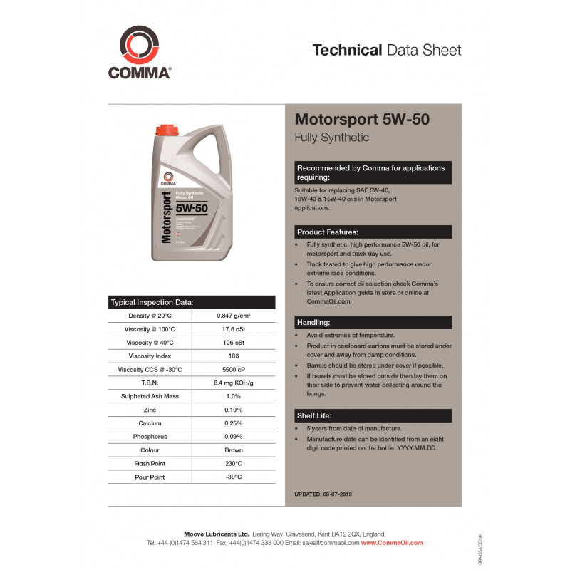 Моторна олива Comma MOTORSPORT 5W-50 API SL, CF; ACEA A3/B3 5л (MS5L)