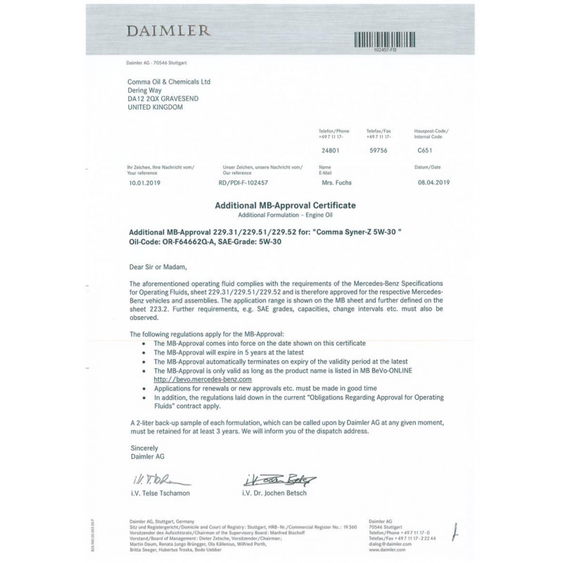 Моторна олива Comma SYNER-Z 5W-30 API SN, CF; ACEA C2, C3 1л (SYZ1L)