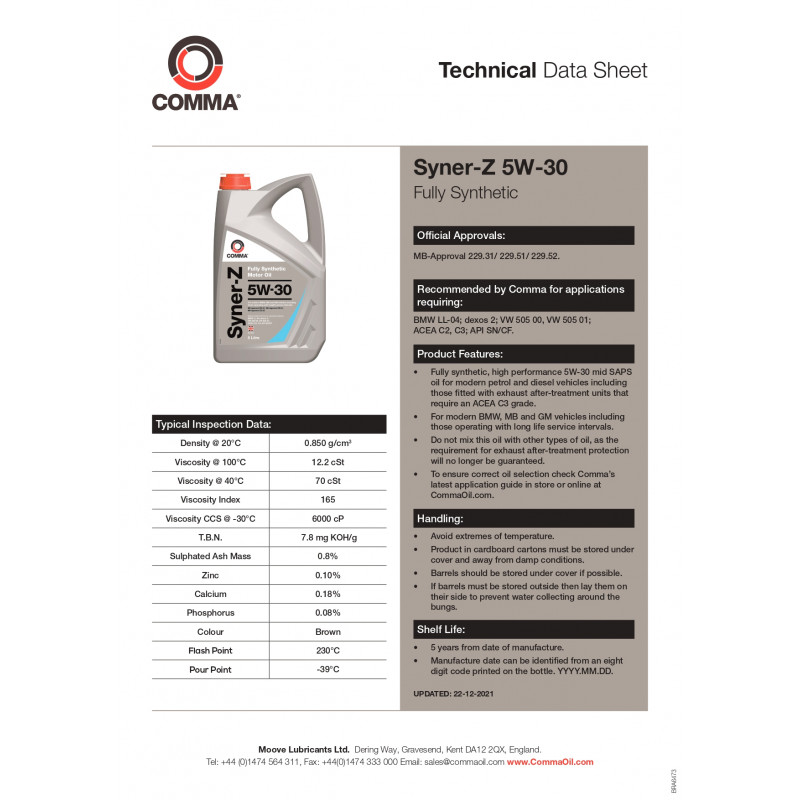 Моторна олива Comma SYNER-Z 5W-30 API SN, CF; ACEA C2, C3 4л (SYZ4L)