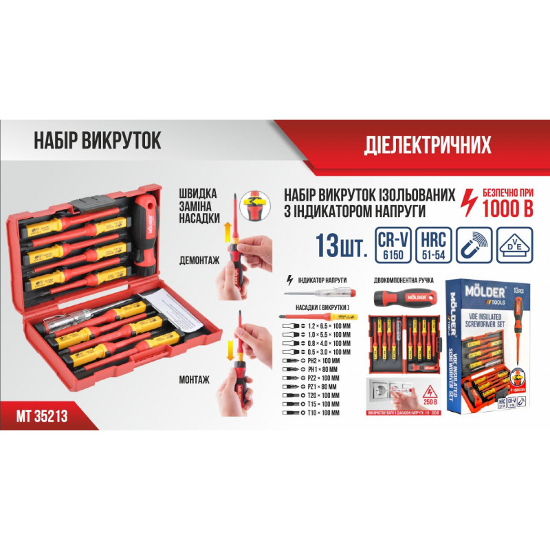 Набір викруток ізольованих PH/PZ/SL/Torx Molder CrV 6150 VDE 1000 В з індикатором напруги 13 шт (MT35213)