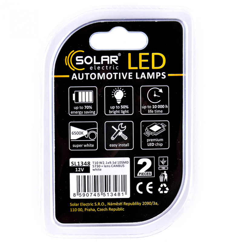 Лампи LED 12V T10 10SMD 5730 + лінза CANBUS (2шт) Solar (SL1348)