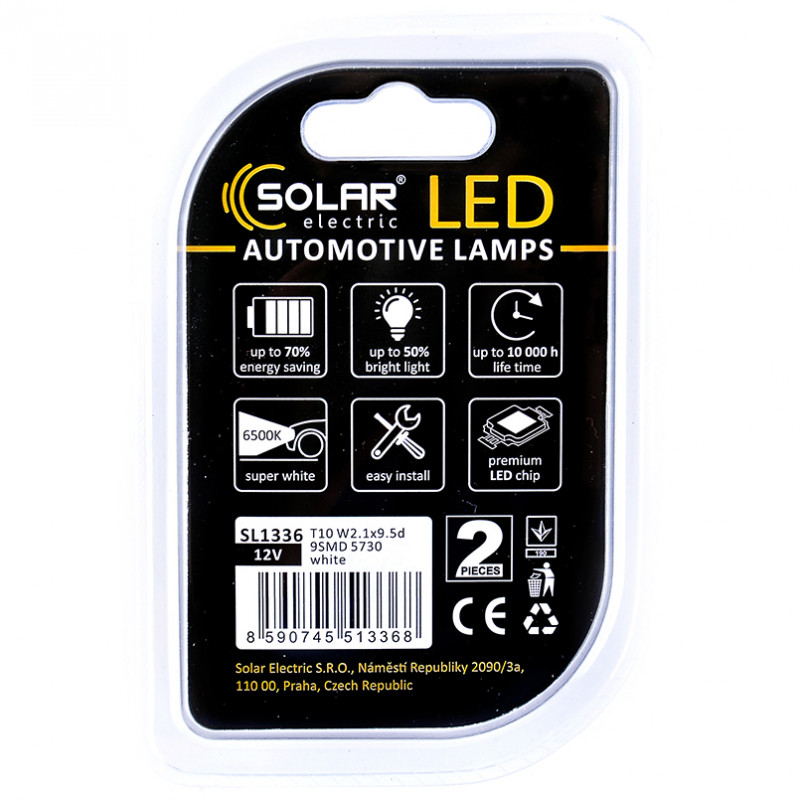 Лампы светодиодные 12в t10 9smd 5730 solar (2шт) (SL1336)