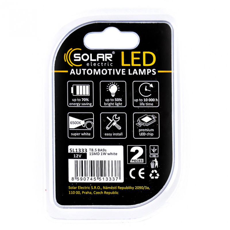 Лампы LED 1W белый Solar T8.5 BA9s 12V 1SMD (SL1333)