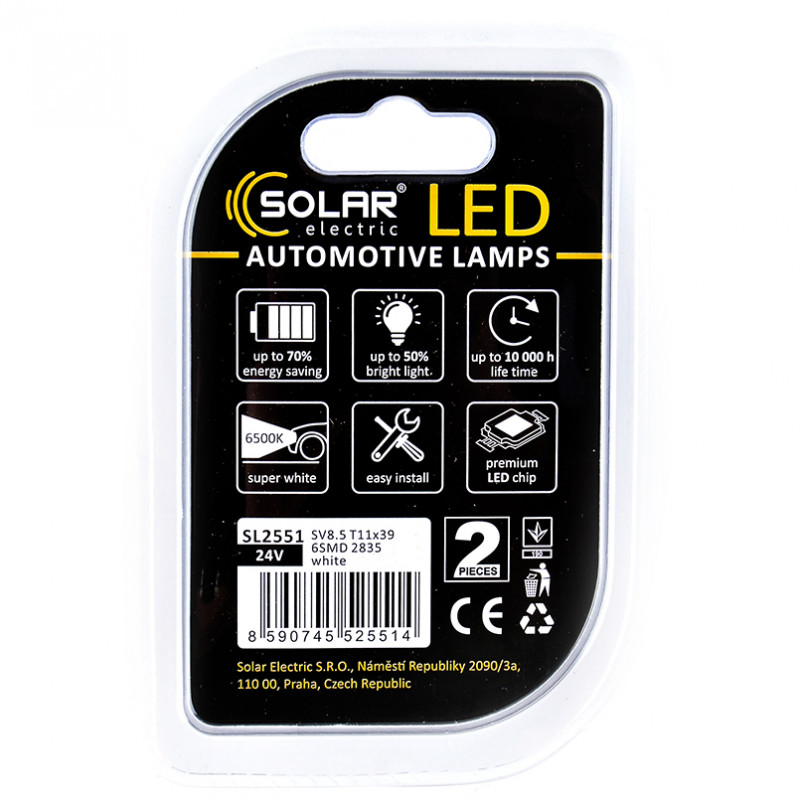 Лампи світлодіодні 24V SV8.5 T11x39 6SMD 2835 (2шт) Solar (SL2551)