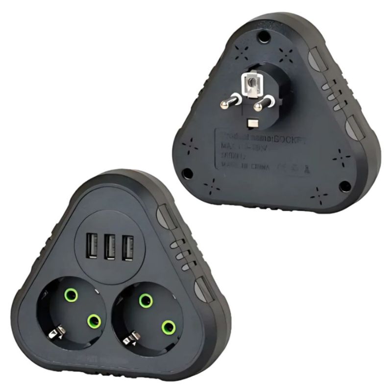 Мережевий трійник із заземленням F202 на 2 розетки +3*USB, 2500W, 10A (Чорний)