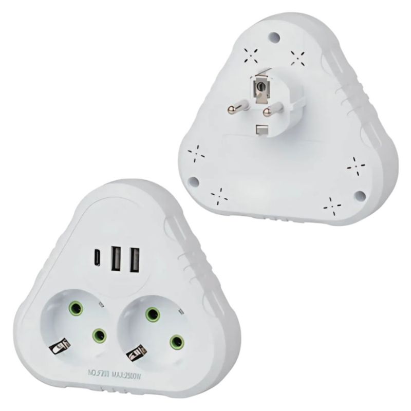 Мережевий трійник із заземленням F203 на 2 розетки + 2*USB +Type-C, 2500W, 10A (Білий)
