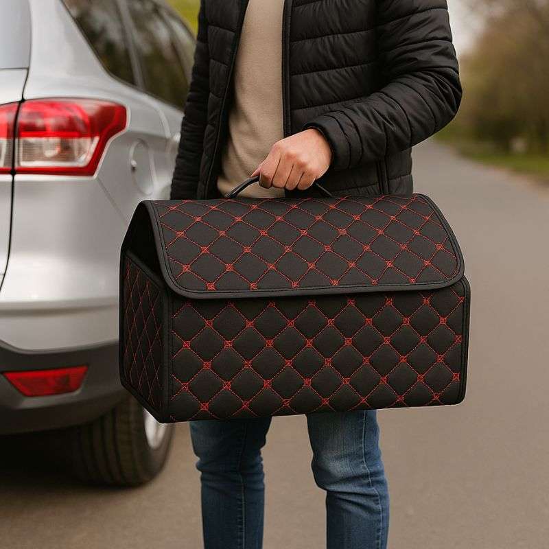 Органайзер в багажник автомобіля чорний штучна шкіра 2 відділення на липучці 54смХ30смХ30см (44650/black red)