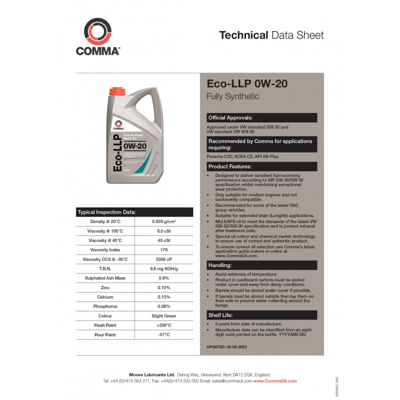 Моторна олива Comma ECO-LLP 0W-20 ACEA C5 1л (ECOLLP1L)