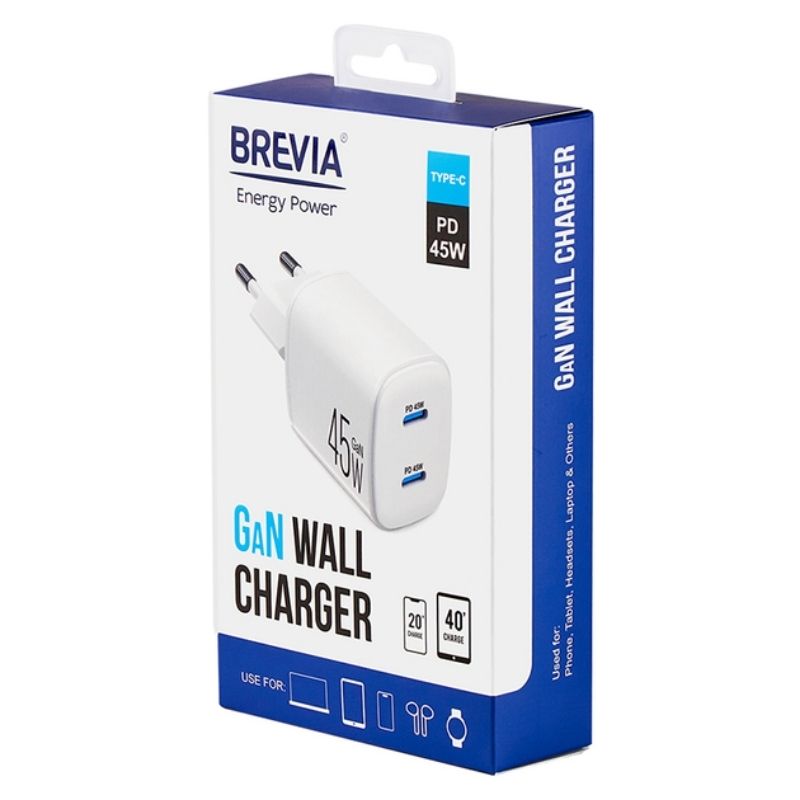 Зарядний пристрій BREVIA ePowerGaN PD45W 2xUSB-C (44045GDCW)