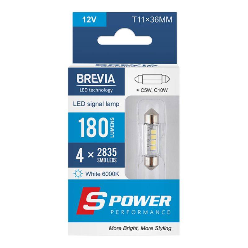 LED автолампа Brevia S-Power C5W (C10W) T11x36 180Lm 4x2835SMD 12V CANbus, 2шт (10214X2)