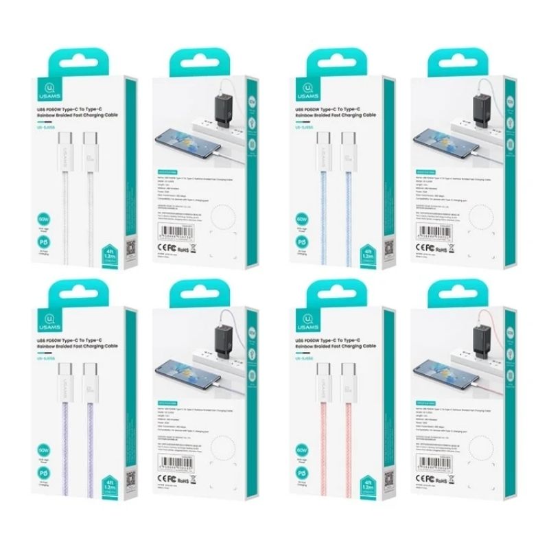 Кабель для зарядки і передачі даних Type-C-Type-C 480Мб/с 60W 1.2м бузковий Usams Rainbow Braided (SJ656USB02)