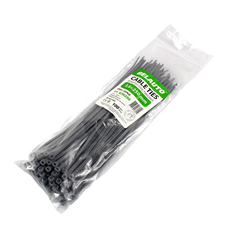 Хомути пластикові сірі 3.6x250 BelAuto (G36250)
