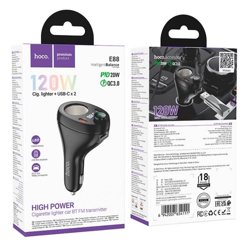 FM-модулятор в машину 3А 35W Hoco E87 Bluetooth/Type-C/USB черный (E87)