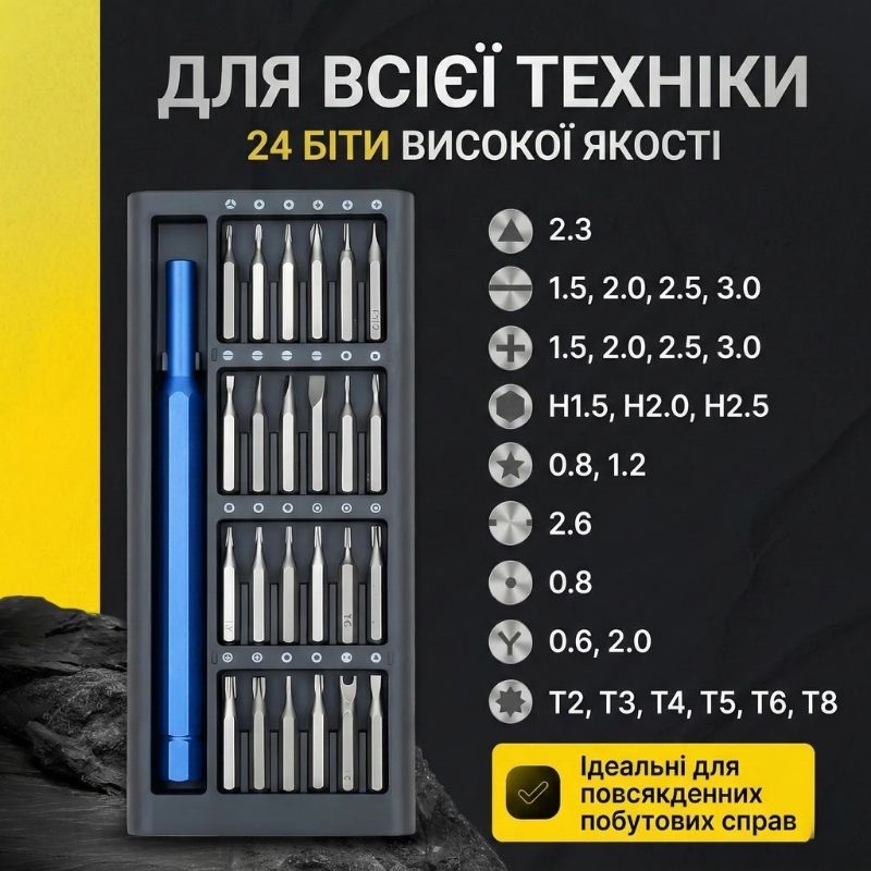 Отвертка с комплектом насадок для точных работ Gearo 24в1 52HRC синий (GE2101BL)