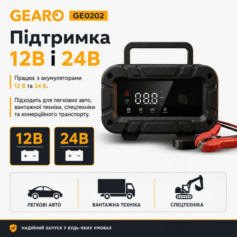 Зарядное устройство для аккумулятора АКБ Gearo 12В 24В 10А 200Ач (GE0202)