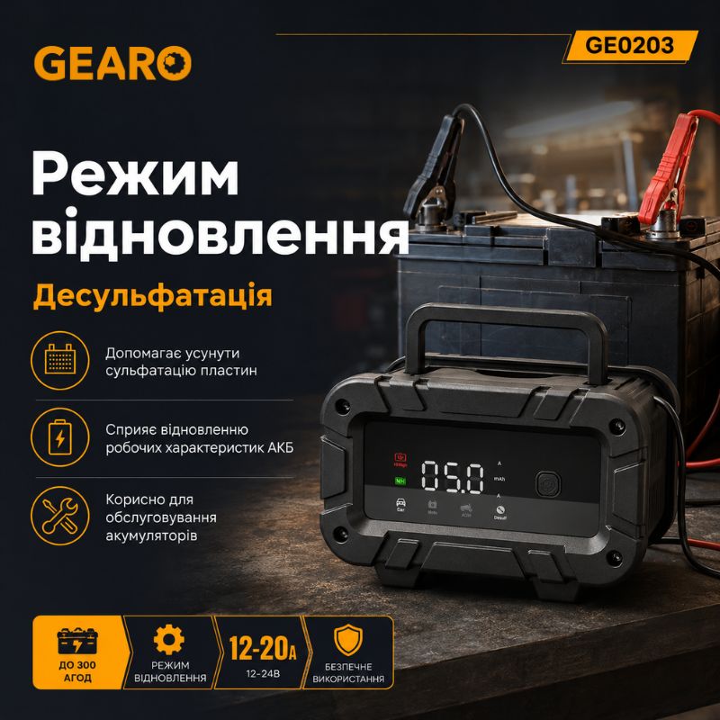 Зарядний пристрій для акумулятора АКБ Gearo 12В 24В 20А 300Агод (GE0203)