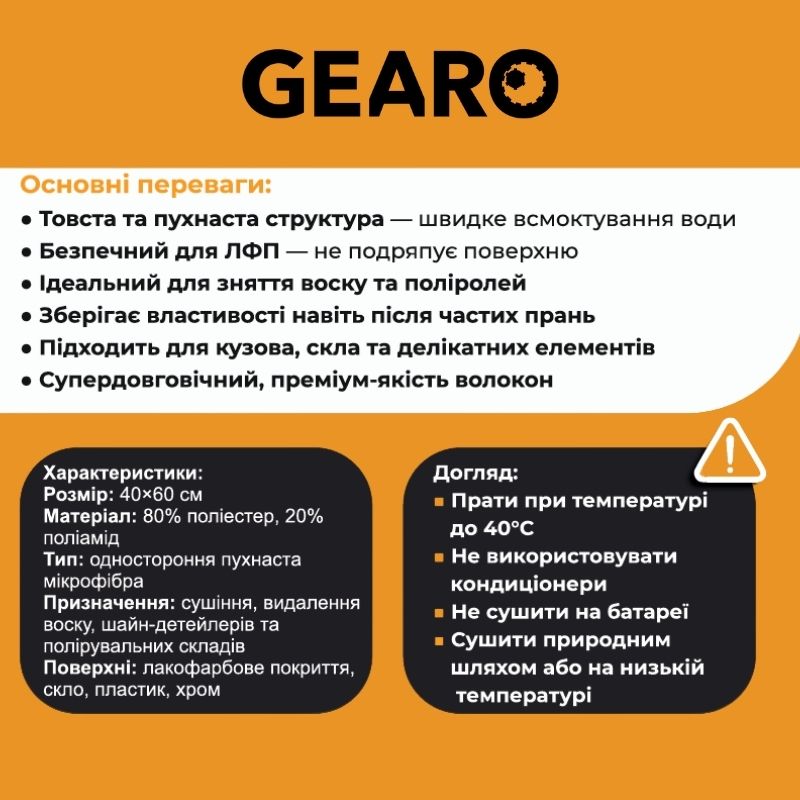 Полотенце влаговпитывающее из микрофибры 40x60 Gearo для ухода за авто желтое (GE0901)
