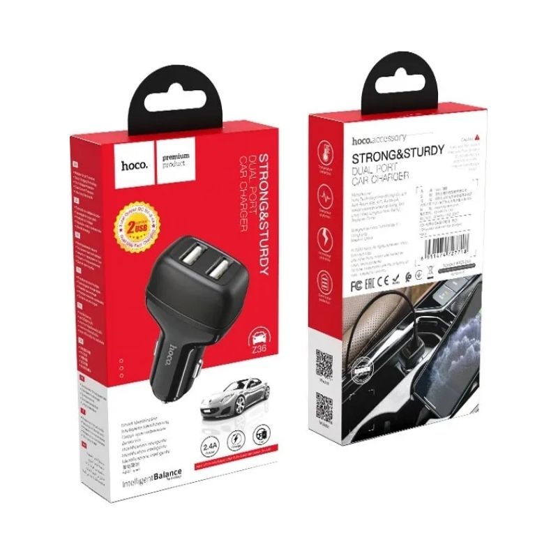 Автомобільний зарядний пристрій 2.4A Hoco Leader 2USB чорний (Z36)
