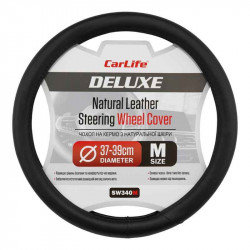 Чохол на кермо Carlife 37-39см, шкіра, чорний, біла гума, один шов (SW340M)