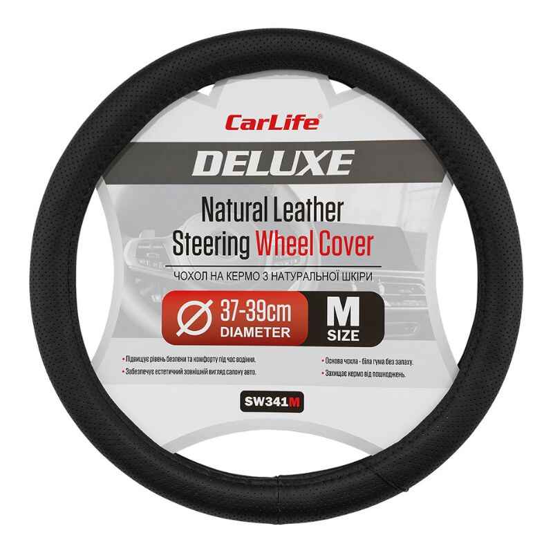 Чохол на кермо Carlife 37-39см, шкіра, чорний, біла гума, один шов, перфорований (SW341M)