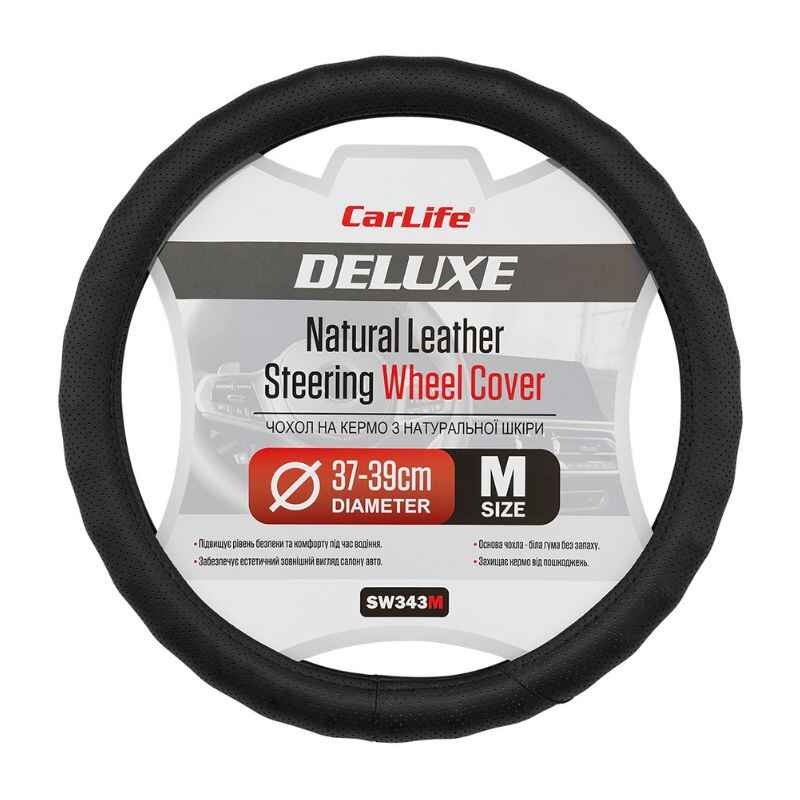 Чохол на кермо Carlife 37-39см, шкіра, чорний, біла гума, один шов, перфорований (SW343M)